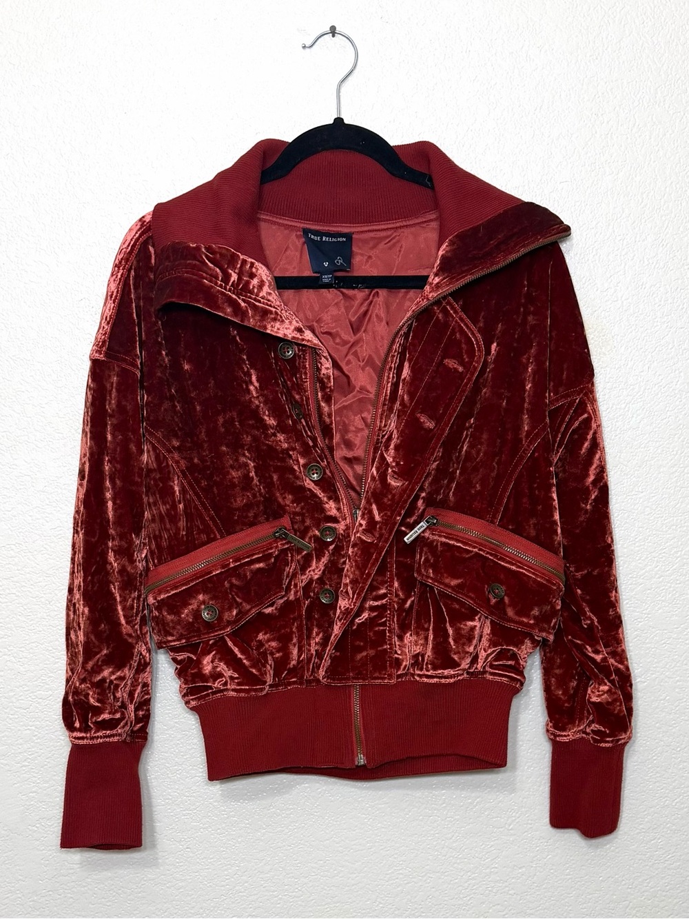 True Religion Turtle Bomber Jacket Burn Orange Crushed Velvet Size XS